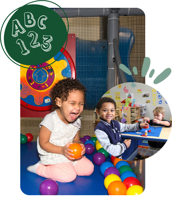 A young girl plays with colorful balls in a playplace and two young boys are playing at a table with building blocks as part of vb parks and rec's child care services